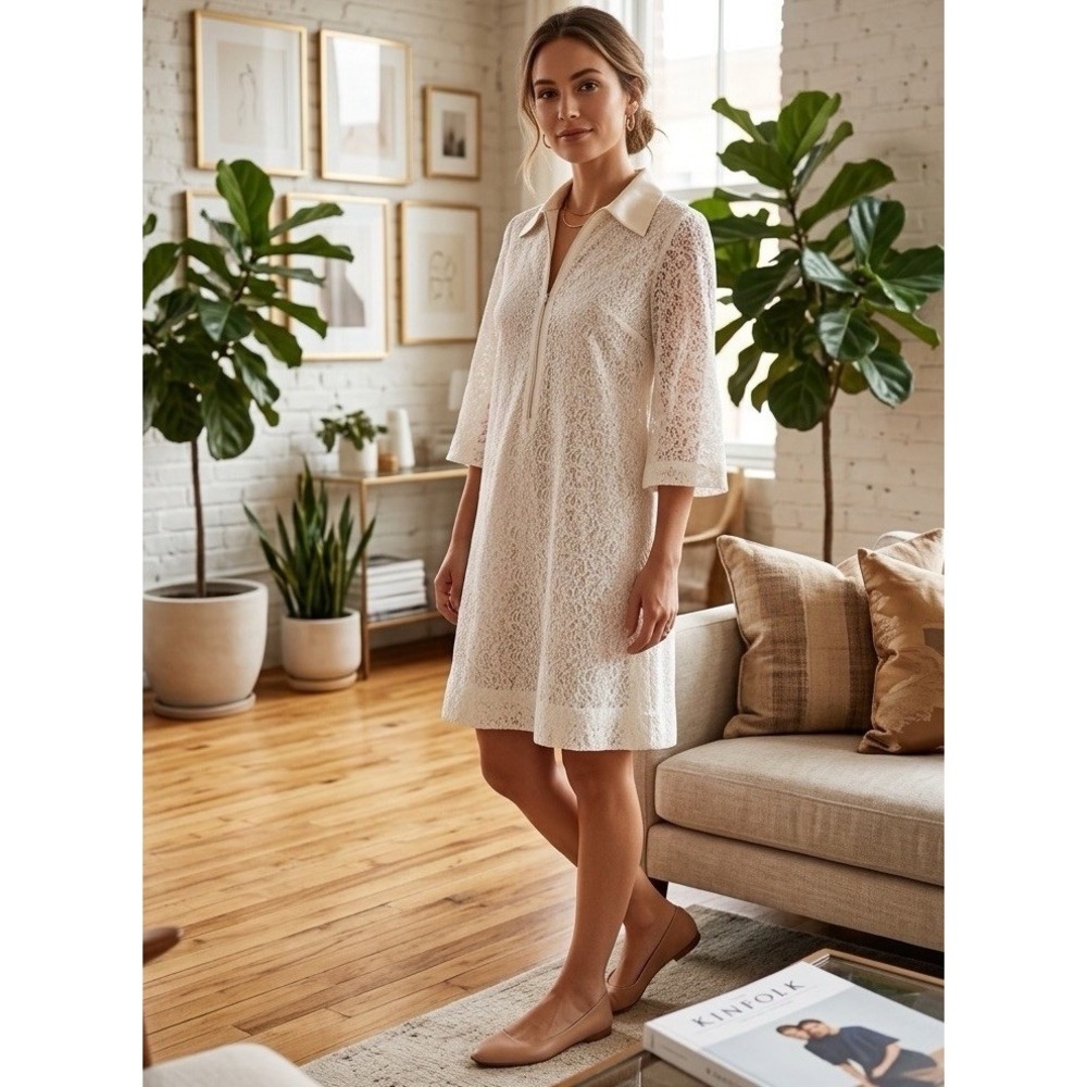 Vintage White Lace House Dress Satin Collar Zip Front Mod Bridal Cottagecore‎